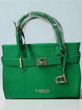 bebe Emerald Green Structured Top-Handle Satchel with Gold Hardware